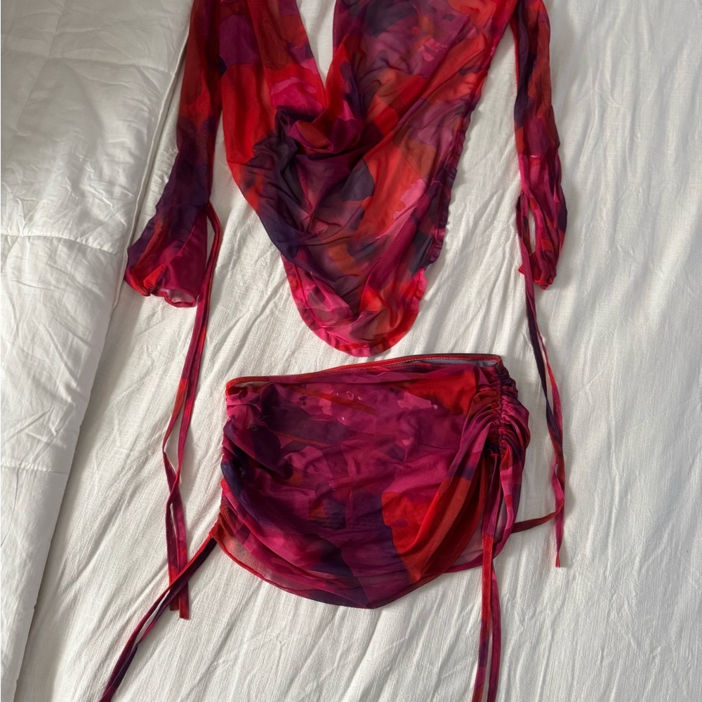 Fashion Nova Red and Purple Sheer Set